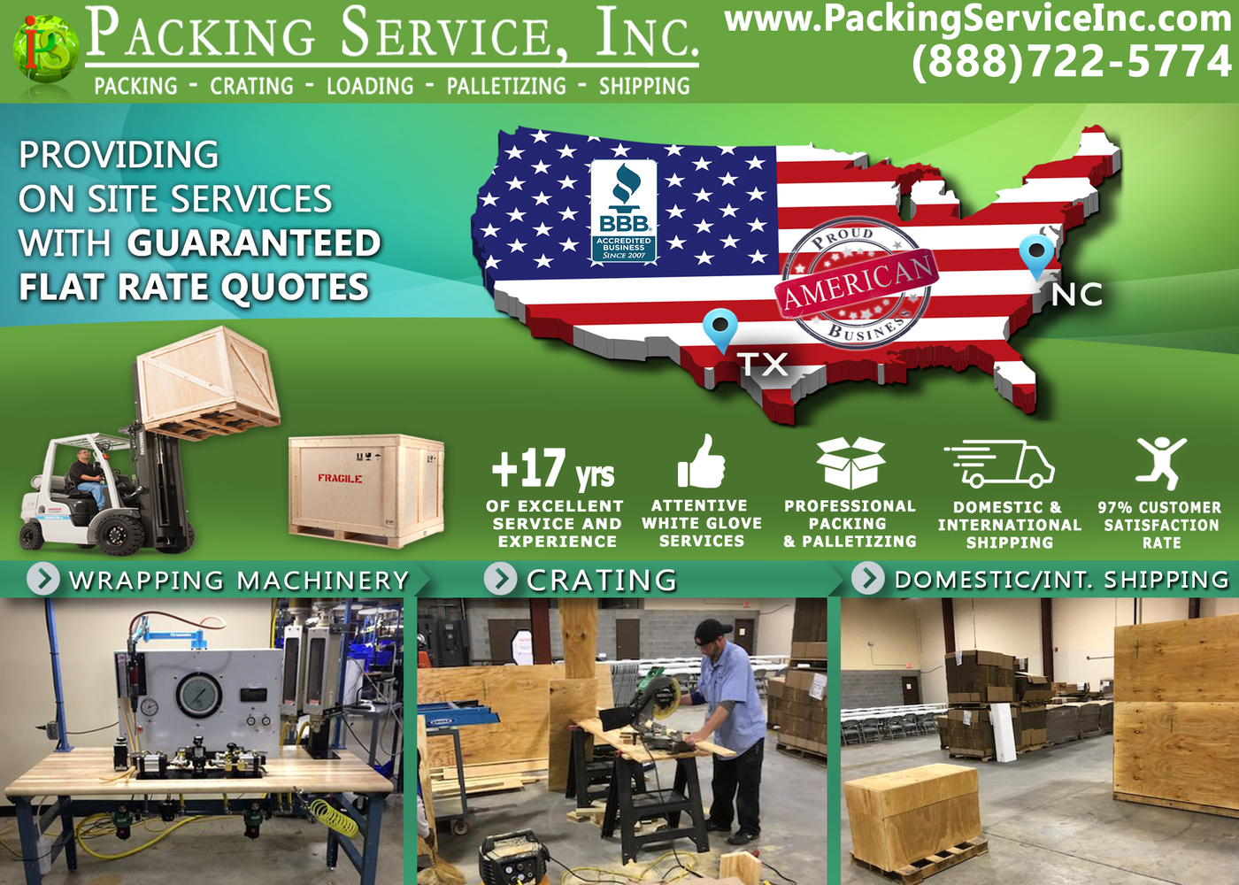 Packing Service Inc.  Established in 2003, the professional company has become the leader in on-site packing and shipping services Nationwide