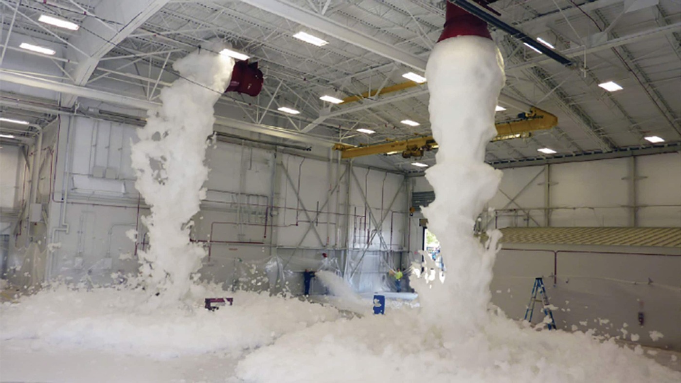 Foam extinguishing system for aircraft hangers
