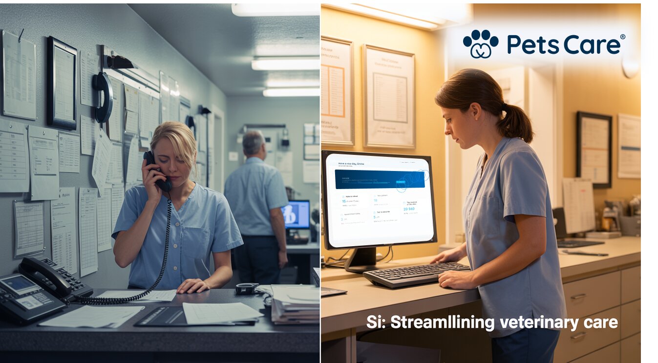 Split-screen showing a stressed veterinary receptionist on the phone and a technician using the Si tool from PetsCare.com at a clinic computer.